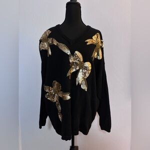 Holiday Black Sweater with Gold Sequin Bow Design